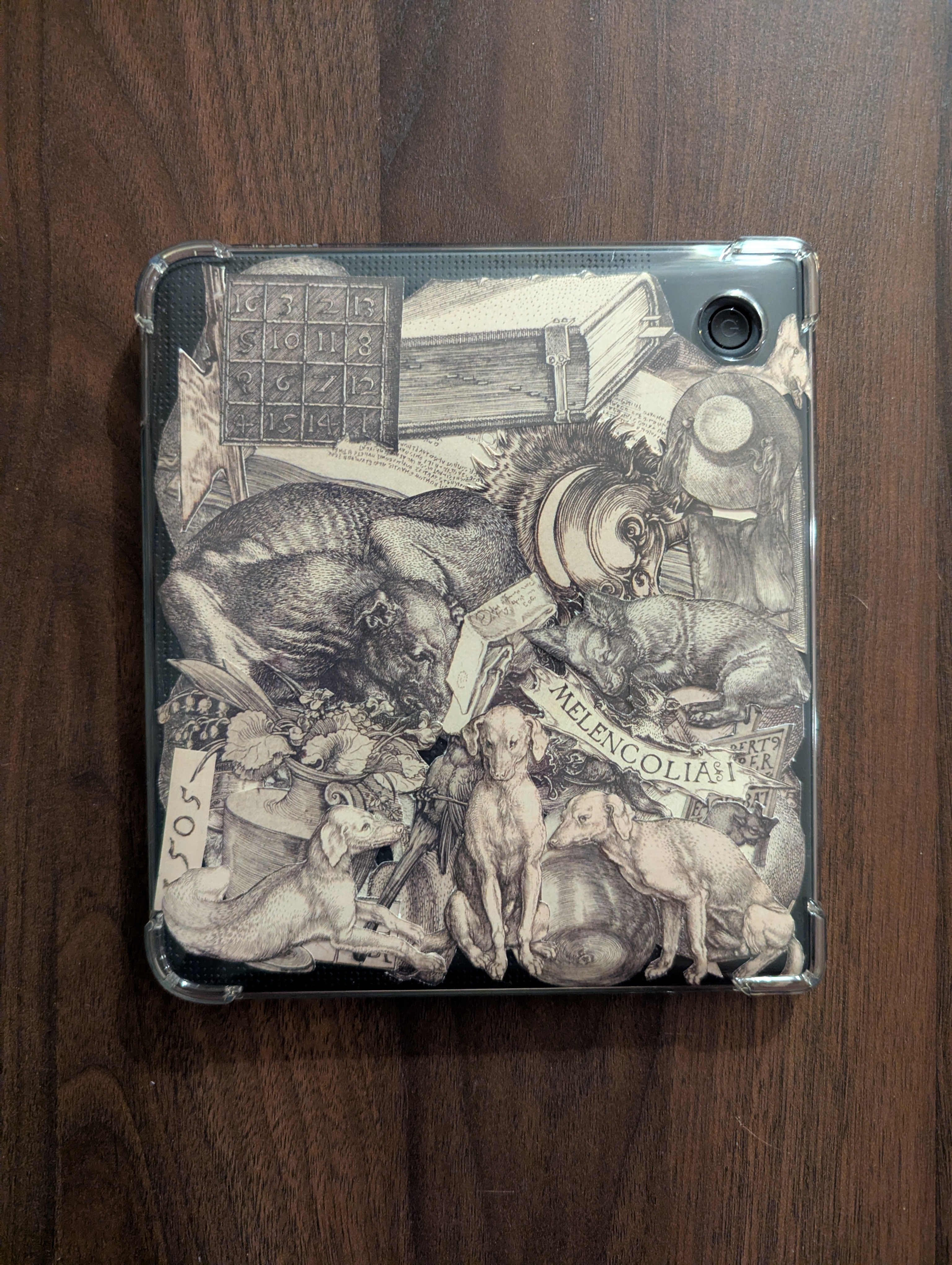 A clear Kobo E-Reader case with various cuttings from art pieces by Albrecht Dürer